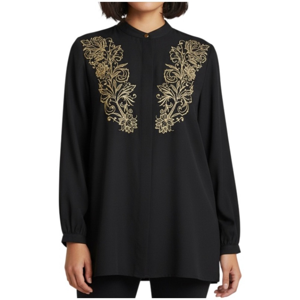 VTG Liz Claiborne Collection BLACK SILKY BUTTON-UP SHIRT TOP Gold Embroidery 8